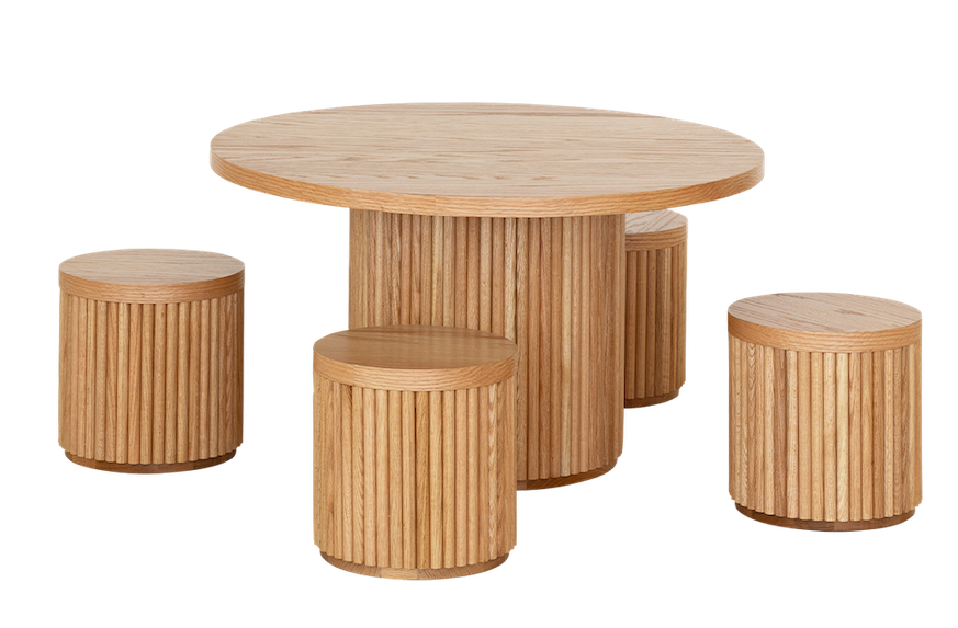 Oak Fluted Round Table & Stool Set