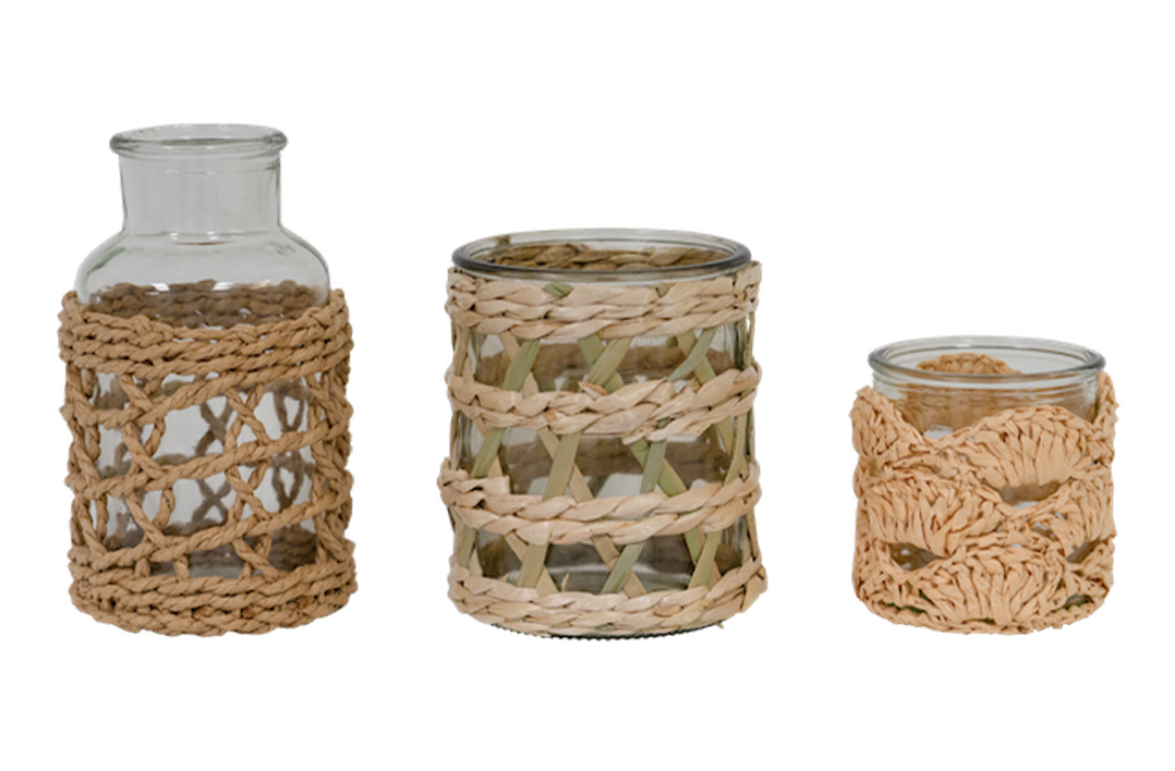 Glass and Rattan Vases 3pc