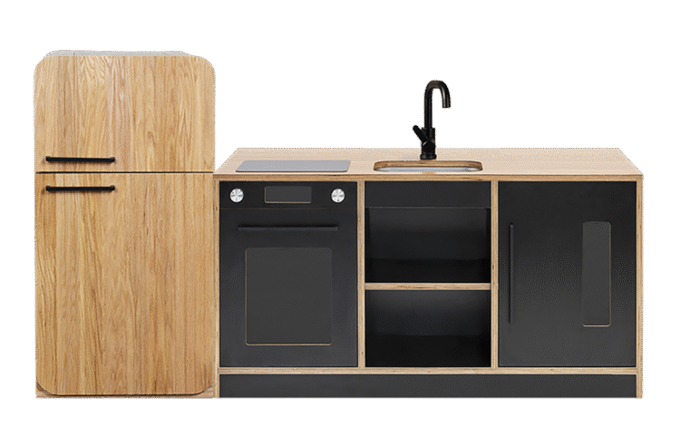 Black Kinder Kitchen with Oak Fluted Fridge