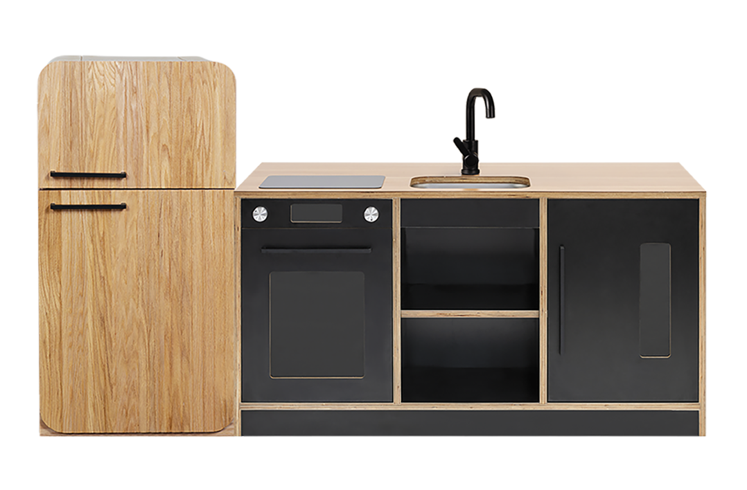 Black Kinder Kitchen with Oak Fluted Fridge