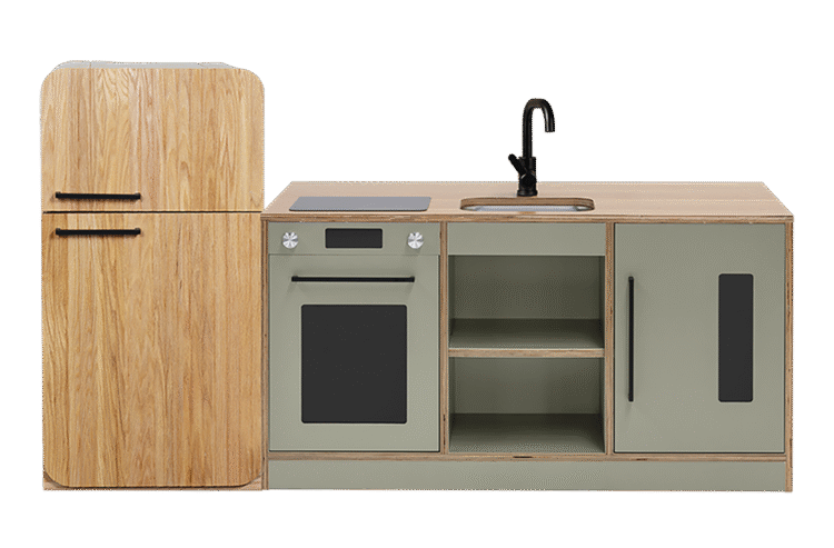 Sage Kinder Kitchen with Oak Fluted Fridge