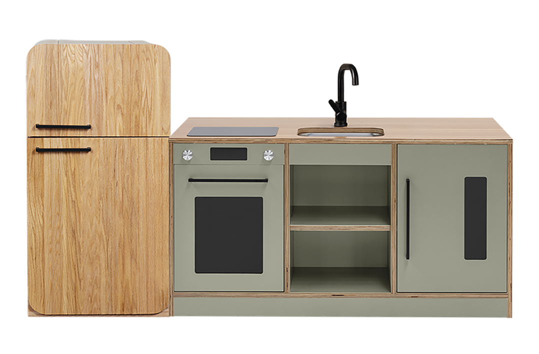 Sage Kinder Kitchen with Oak Fluted Fridge