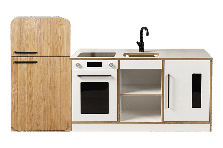 White Kinder Kitchen with Oak Fluted Fridge