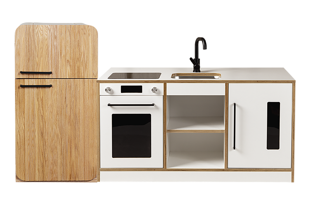 White Kinder Kitchen with Oak Fluted Fridge