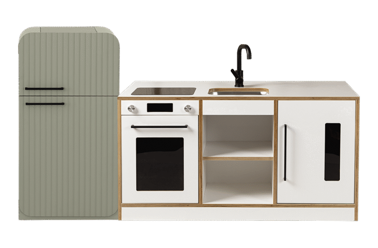 White Kinder Kitchen with Sage Fluted Fridge