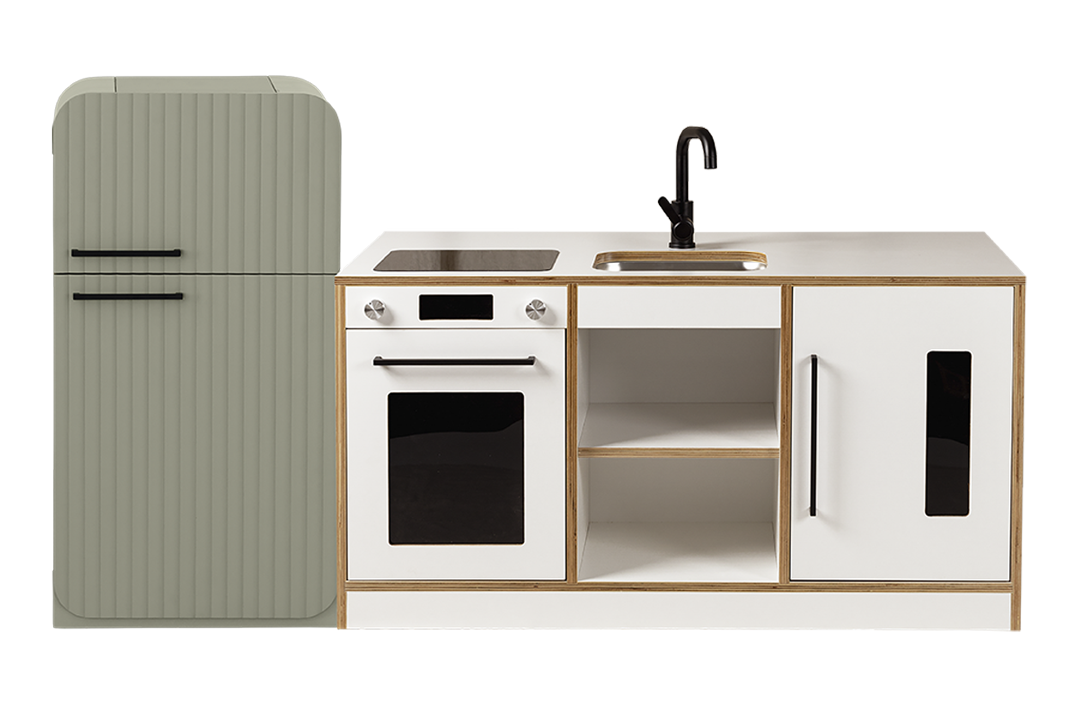 White Kinder Kitchen with Sage Fluted Fridge