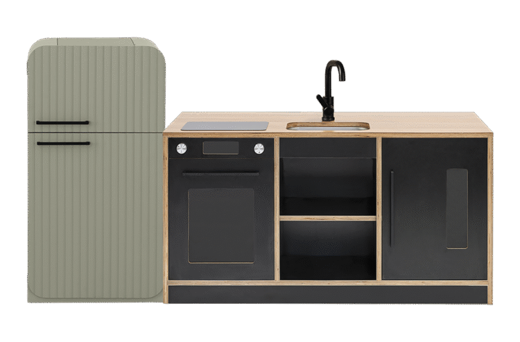 Black Kinder Kitchen with Sage Fluted Fridge