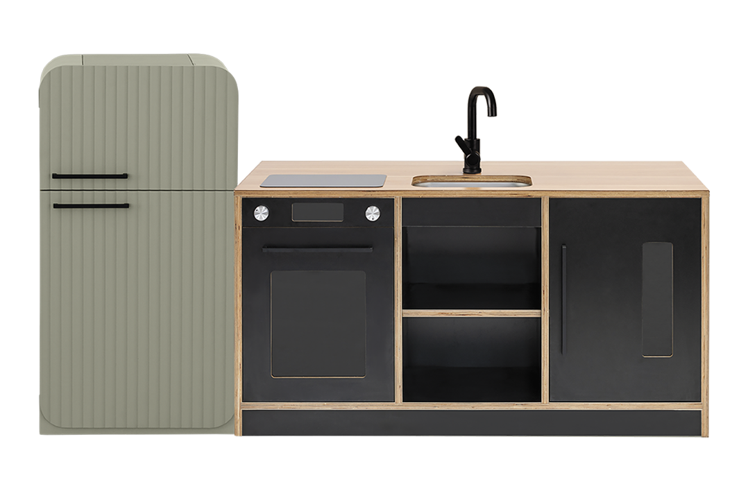 Black Kinder Kitchen with Sage Fluted Fridge